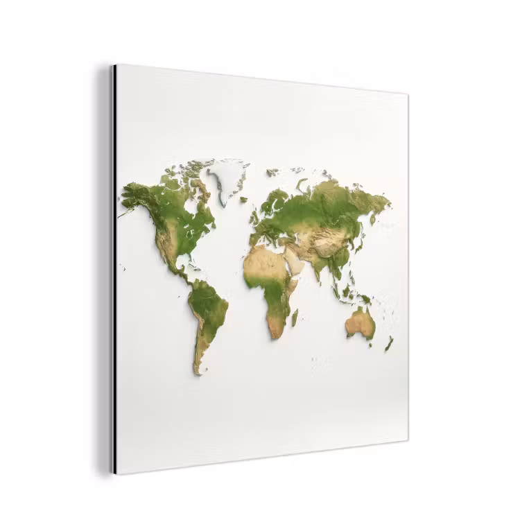 Wereldkaart - Natuurlijke kleuren - reliëfstijl aluminium wit klein -3d