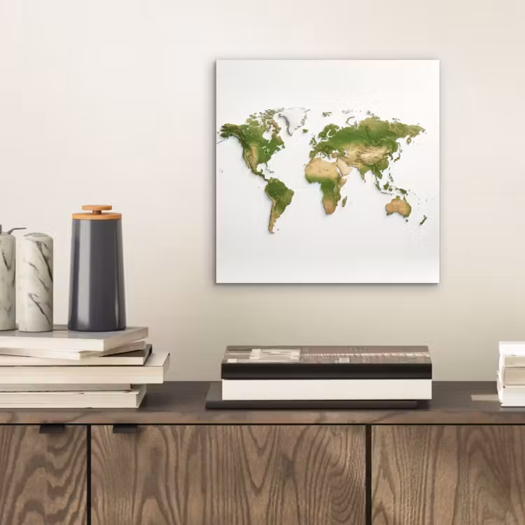 Wereldkaart - Natuurlijke kleuren - reliëfstijl aluminium wit klein -sfeer1