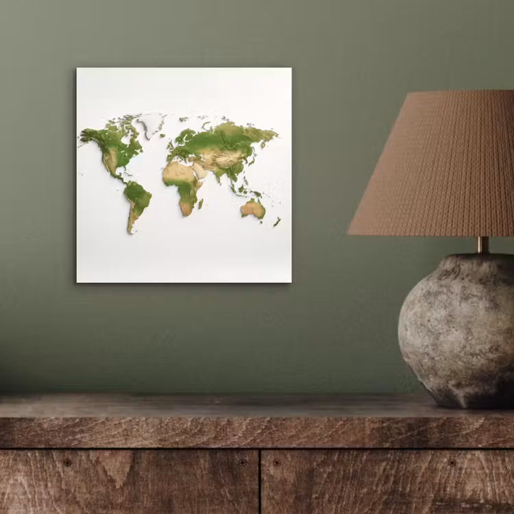 Wereldkaart - Natuurlijke kleuren - reliëfstijl aluminium wit klein -sfeer2