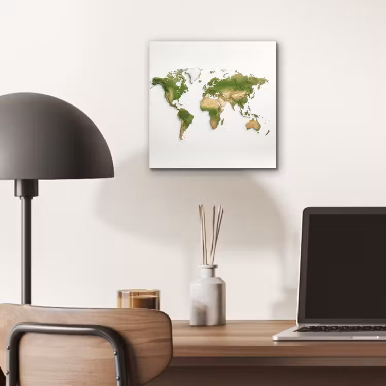 Wereldkaart - Natuurlijke kleuren - reliëfstijl aluminium wit klein -sfeer5