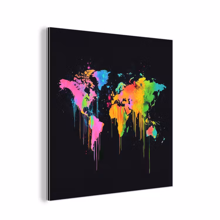 Wereldkaart - Neon - Kleurrijk - Spatten aluminium wit klein -3d
