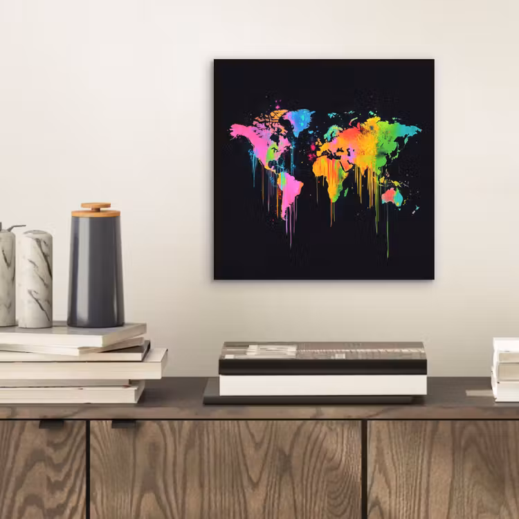 Wereldkaart - Neon - Kleurrijk - Spatten aluminium wit klein -sfeer1