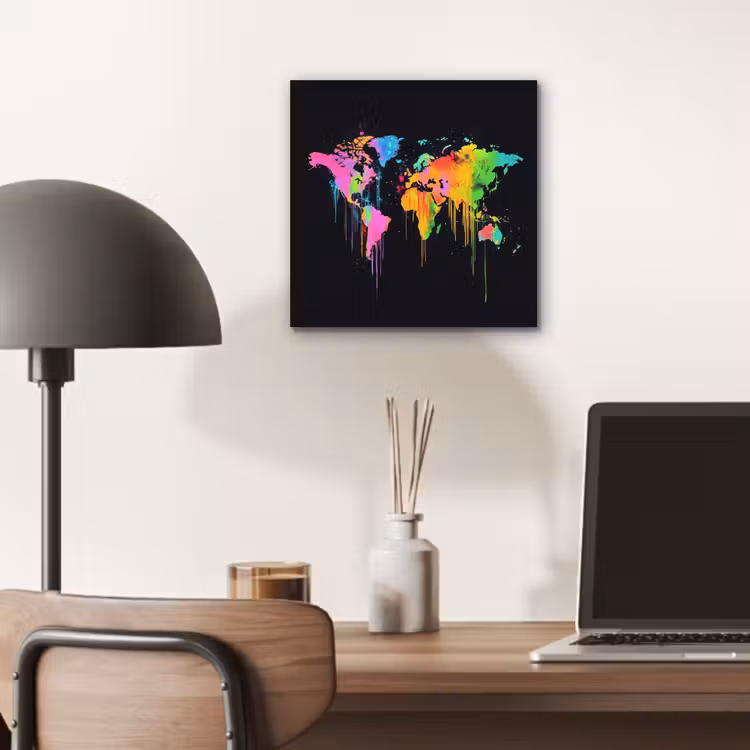 Wereldkaart - Neon - Kleurrijk - Spatten aluminium wit klein -sfeer5