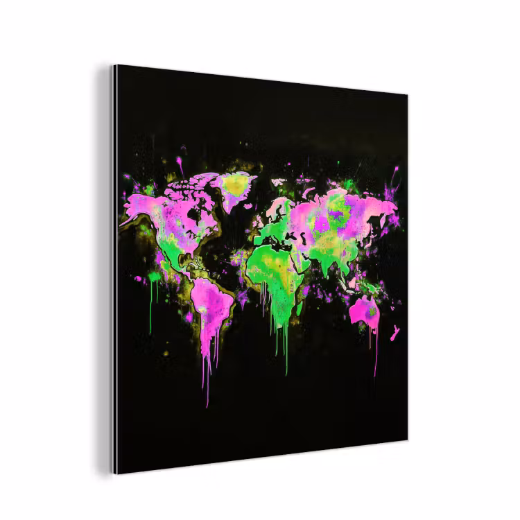 Wereldkaart - Neon - Groen - Roze aluminium wit klein -3d