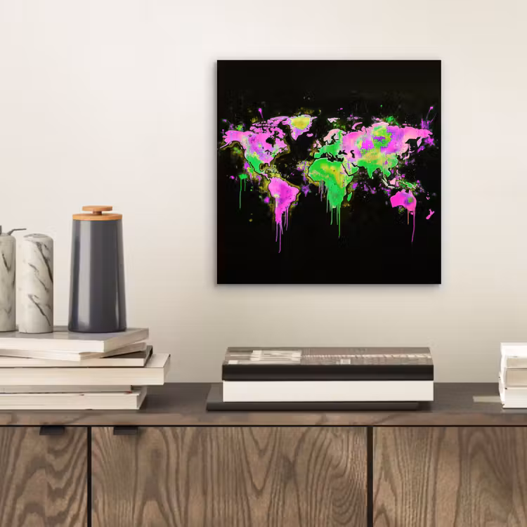Wereldkaart - Neon - Groen - Roze aluminium wit klein -sfeer1