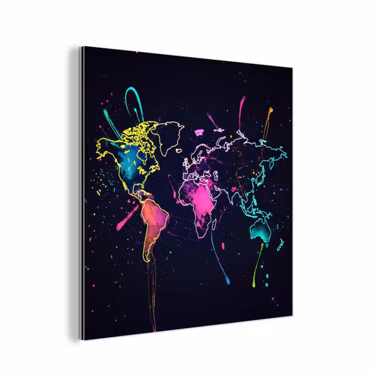 Wereldkaart - Neon - Lijnen - Verspatten aluminium wit klein -3d