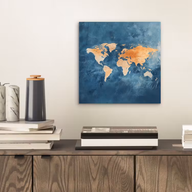 Wereldkaart - Olieverfschilderij - Blauw - Oranje aluminium wit klein -sfeer1