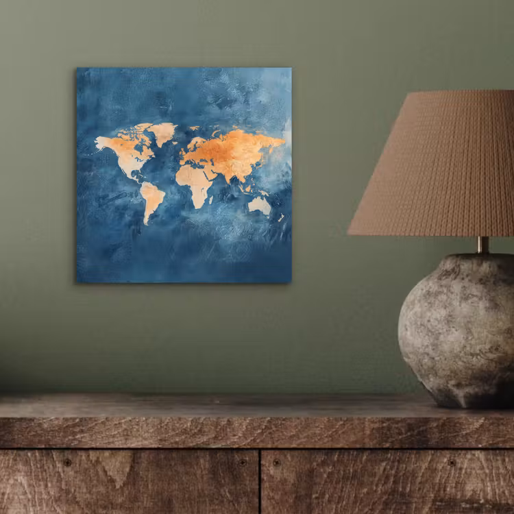 Wereldkaart - Olieverfschilderij - Blauw - Oranje aluminium wit klein -sfeer2