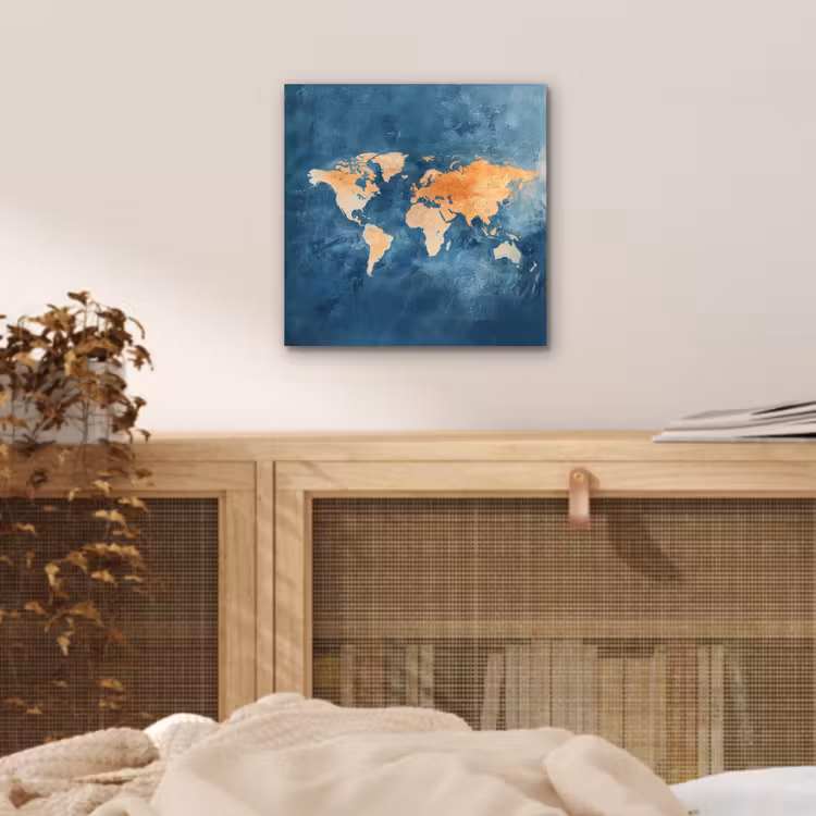 Wereldkaart - Olieverfschilderij - Blauw - Oranje aluminium wit klein -sfeer3