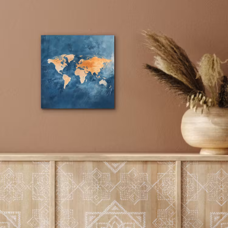 Wereldkaart - Olieverfschilderij - Blauw - Oranje aluminium wit klein -sfeer4