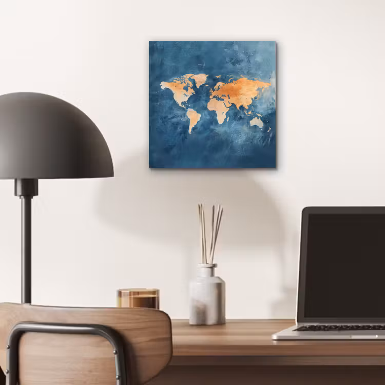 Wereldkaart - Olieverfschilderij - Blauw - Oranje aluminium wit klein -sfeer5