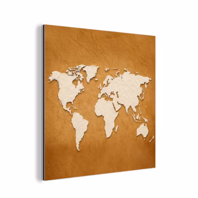 Wereldkaart - Papierstructuur - Bruin aluminium wit klein -3d