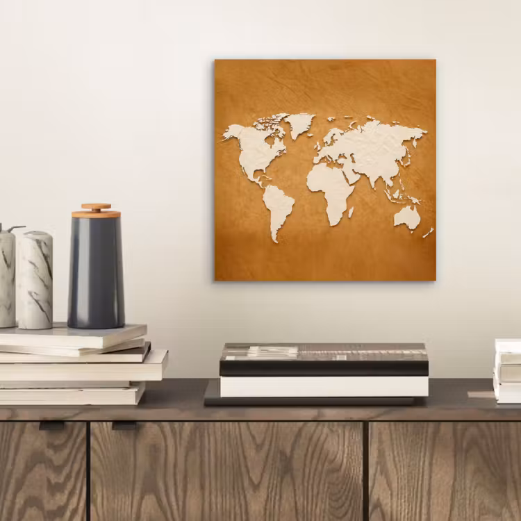 Wereldkaart - Papierstructuur - Bruin aluminium wit klein -sfeer1