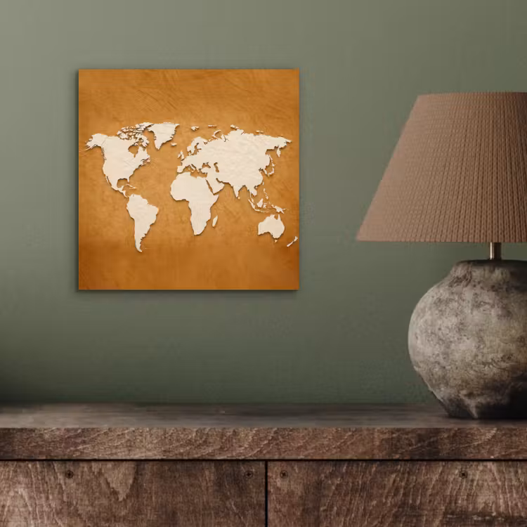Wereldkaart - Papierstructuur - Bruin aluminium wit klein -sfeer2