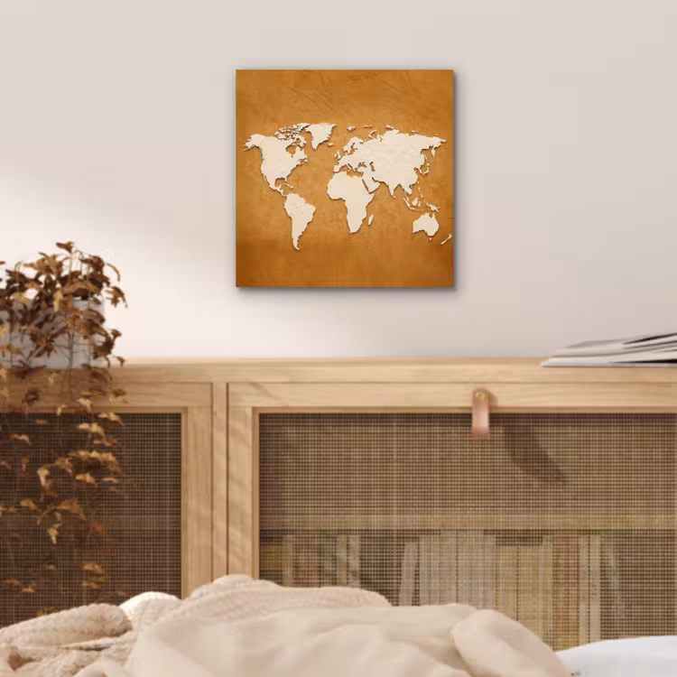 Wereldkaart - Papierstructuur - Bruin aluminium wit klein -sfeer3