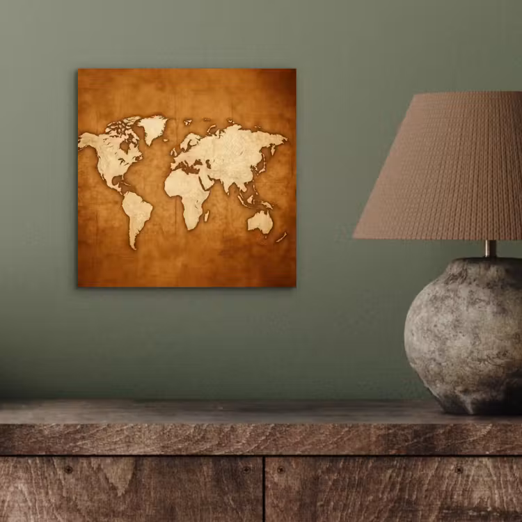 Wereldkaart - Perkamenttextuur aluminium wit klein -sfeer2