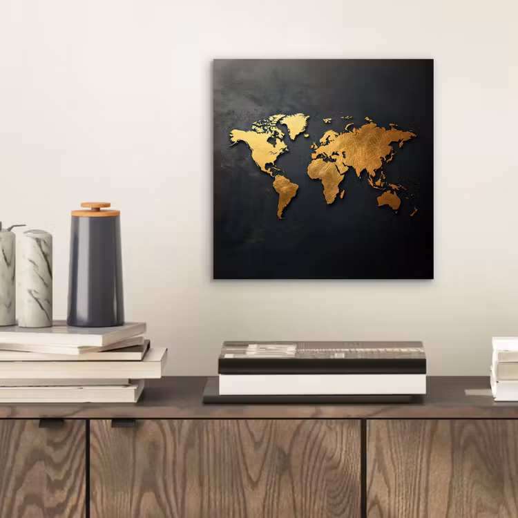 Wereldkaart - Ruwe textuur - Scherpe contouren - Zwart aluminium wit klein -sfeer1