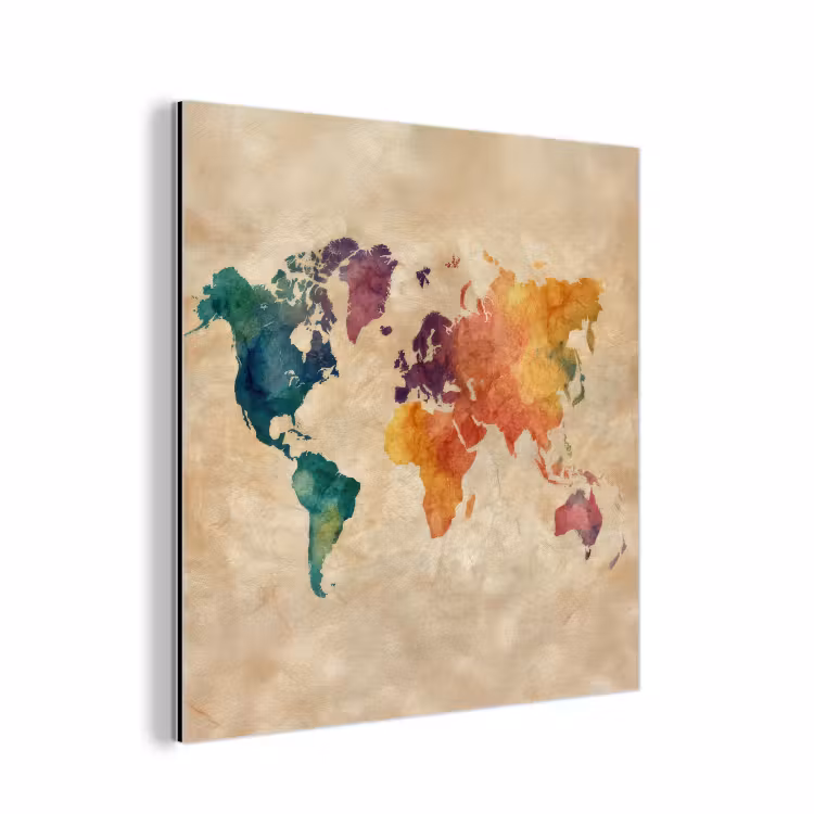 Wereldkaart - Regenboog aquarel - Papierstructuur aluminium wit klein -3d