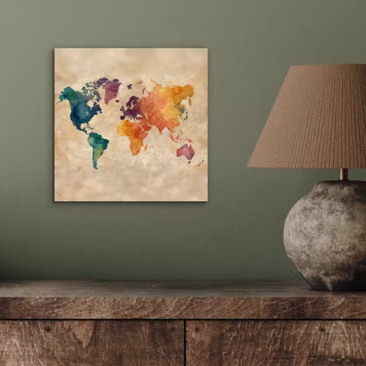 Wereldkaart - Regenboog aquarel - Papierstructuur aluminium wit klein -sfeer2
