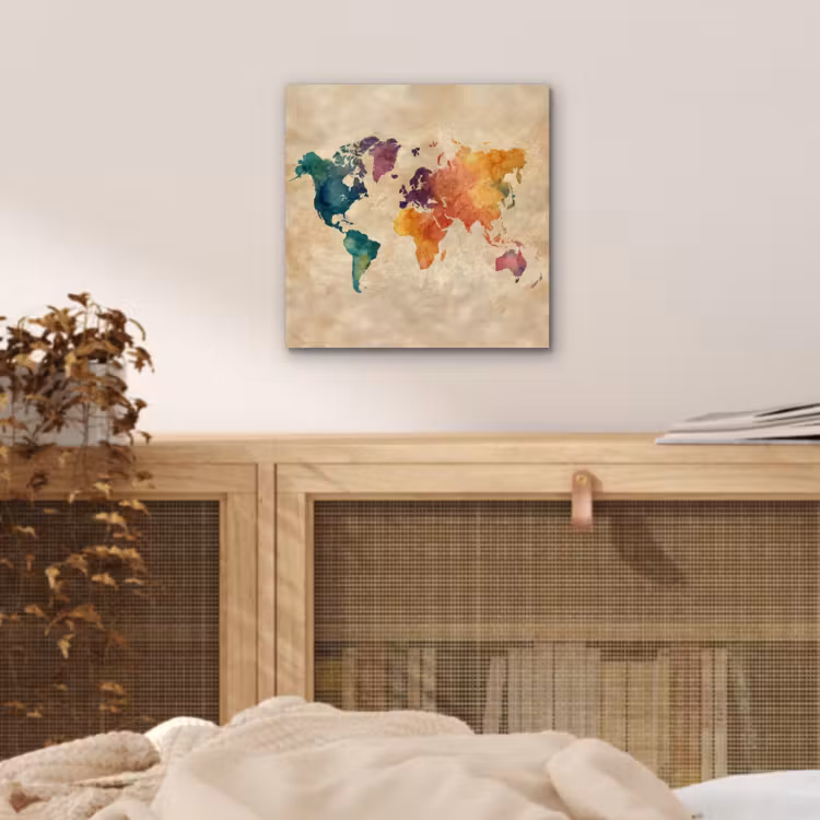 Wereldkaart - Regenboog aquarel - Papierstructuur aluminium wit klein -sfeer3
