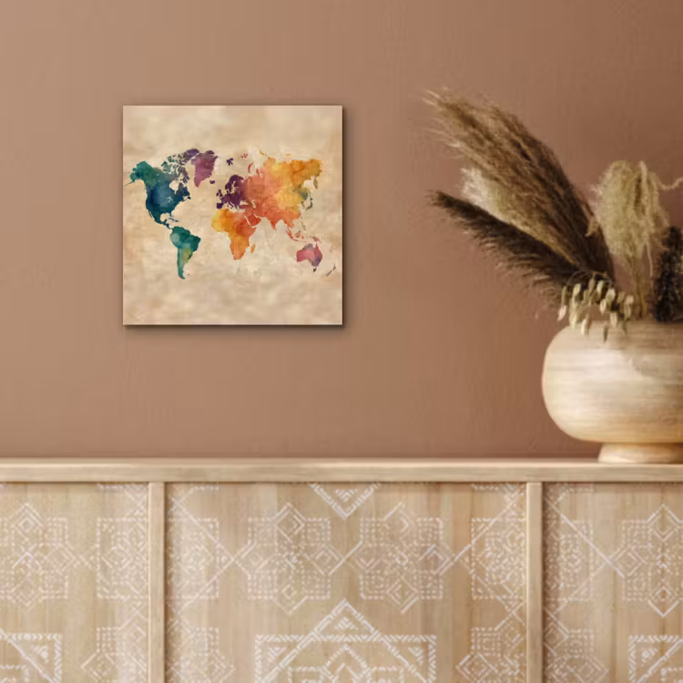 Wereldkaart - Regenboog aquarel - Papierstructuur aluminium wit klein -sfeer4