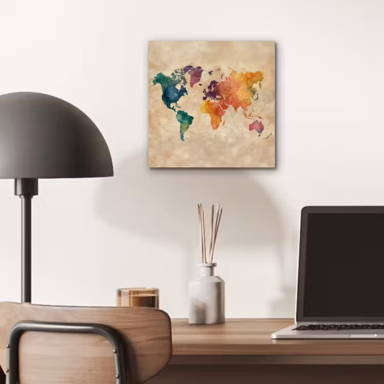 Wereldkaart - Regenboog aquarel - Papierstructuur aluminium wit klein -sfeer5