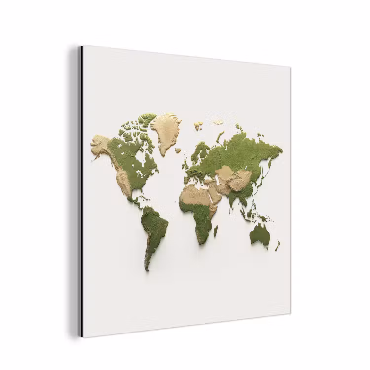 Wereldkaart - Reliëf - Aardekleruige tinten aluminium wit klein -3d