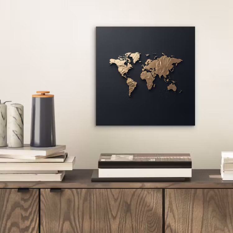 Wereldkaart - Reliëfstructuur - Diepe Texturen - Zwart aluminium wit klein -sfeer1