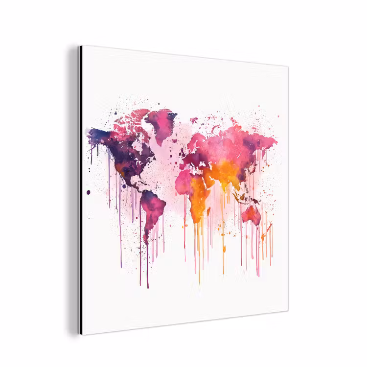 Wereldkaart - Roze - Druppels - Verf aluminium wit klein -3d