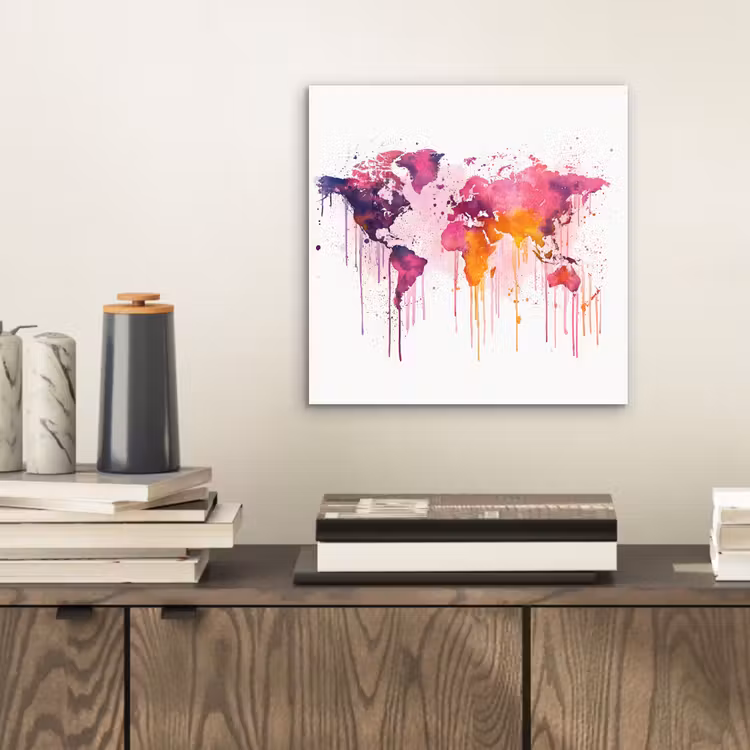 Wereldkaart - Roze - Druppels - Verf aluminium wit klein -sfeer1