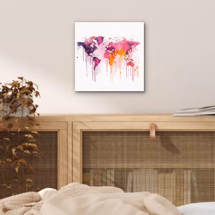 Wereldkaart - Roze - Druppels - Verf aluminium wit klein -sfeer3