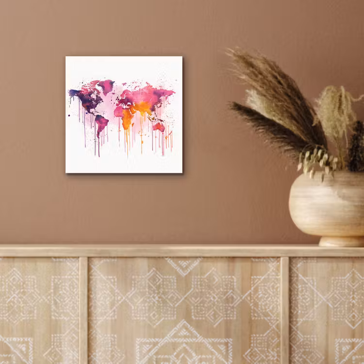 Wereldkaart - Roze - Druppels - Verf aluminium wit klein -sfeer4