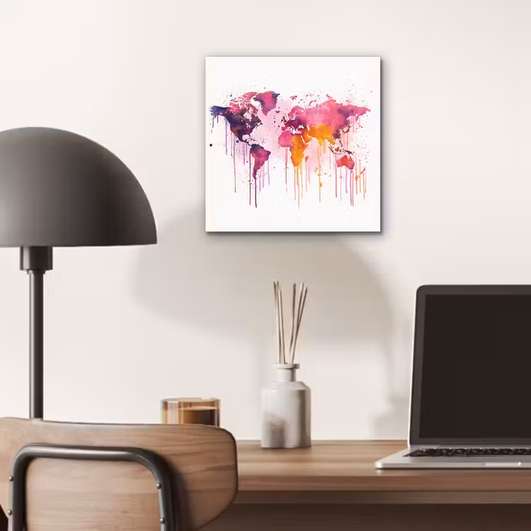 Wereldkaart - Roze - Druppels - Verf aluminium wit klein -sfeer5