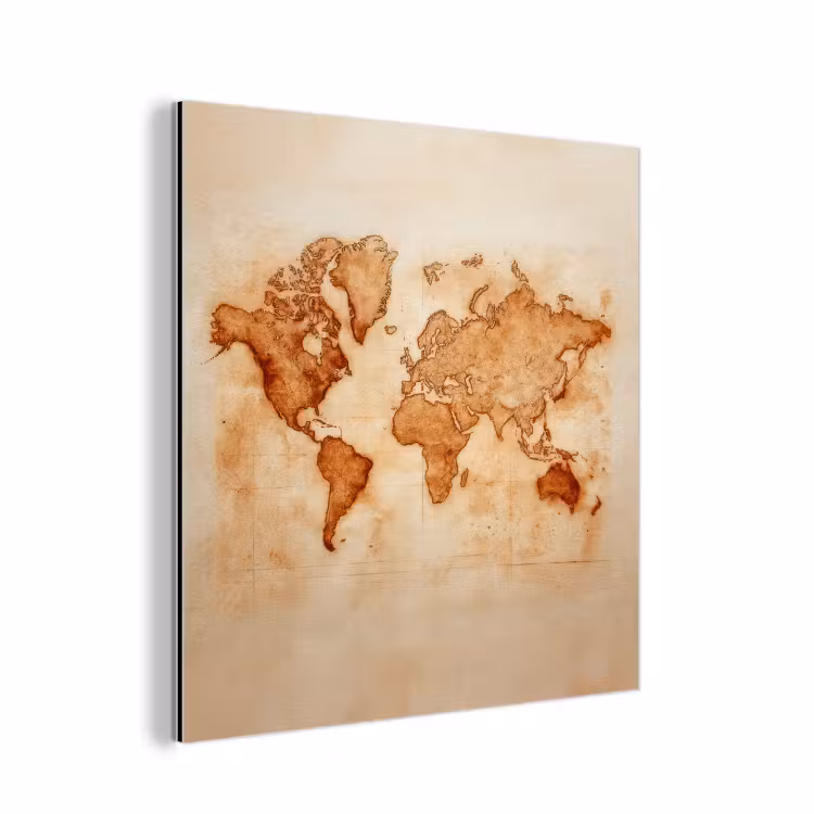 Wereldkaart - Roestbruine inkt aluminium wit klein -3d