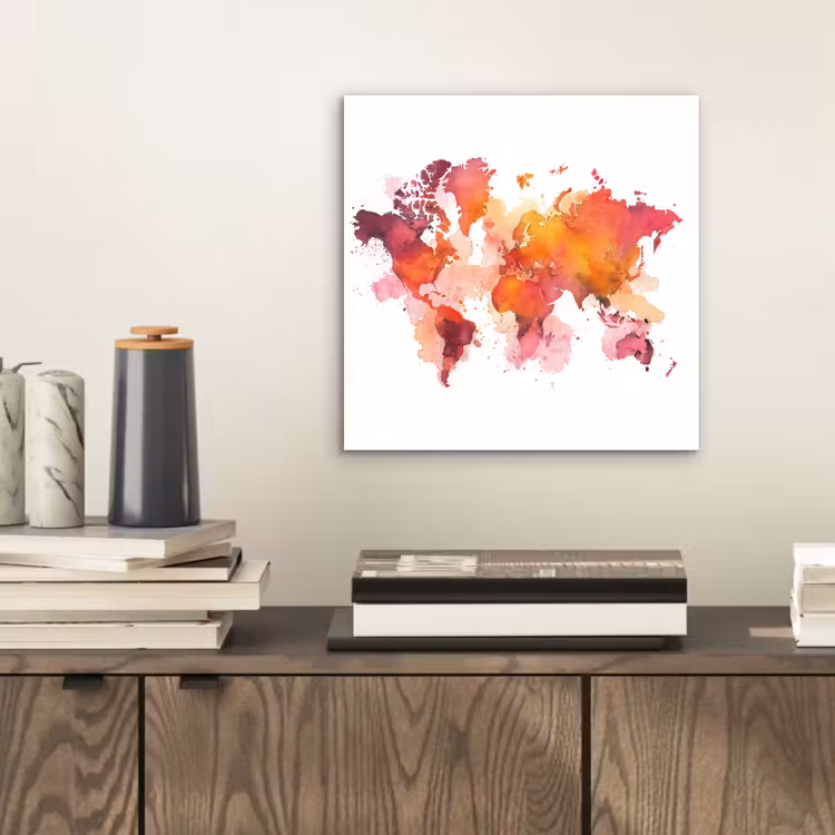 Wereldkaart - Rood - Wolkjes aluminium wit klein -sfeer1