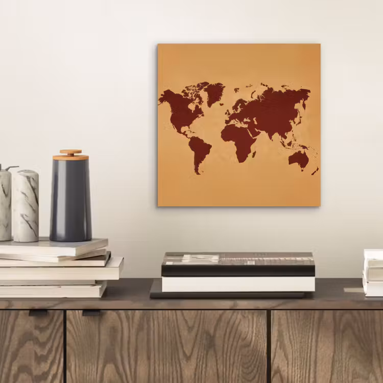 Wereldkaart - Roodbruin silhouet - Sterk kleurcontrast aluminium wit klein -sfeer1