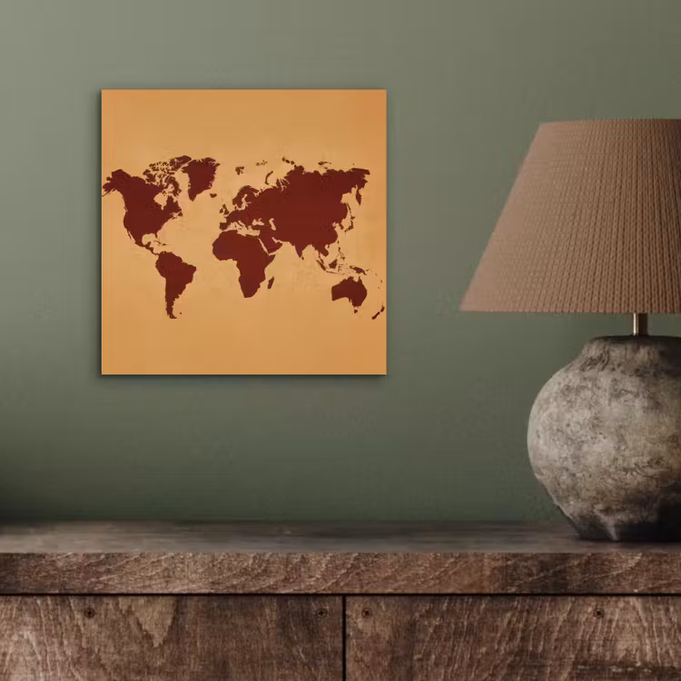 Wereldkaart - Roodbruin silhouet - Sterk kleurcontrast aluminium wit klein -sfeer2