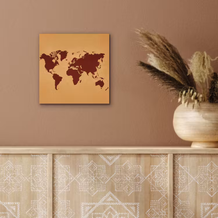 Wereldkaart - Roodbruin silhouet - Sterk kleurcontrast aluminium wit klein -sfeer4