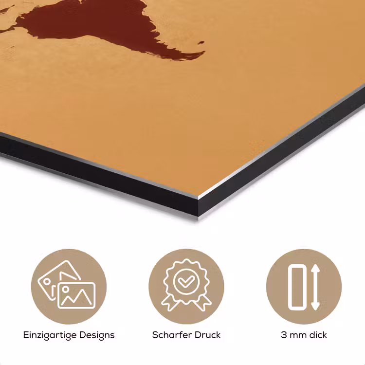 Wereldkaart - Roodbruin silhouet - Sterk kleurcontrast aluminium wit klein -closeup_DE