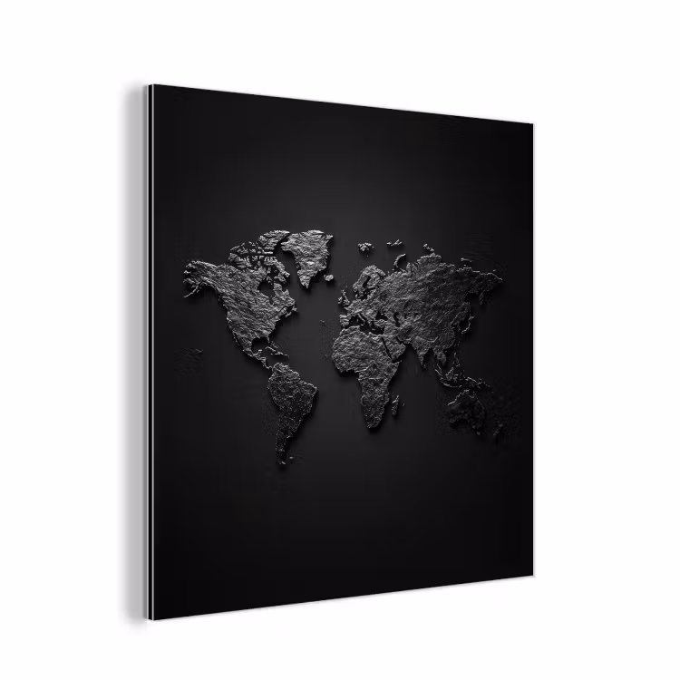 Wereldkaart - Zwart - Donker aluminium wit klein -3d