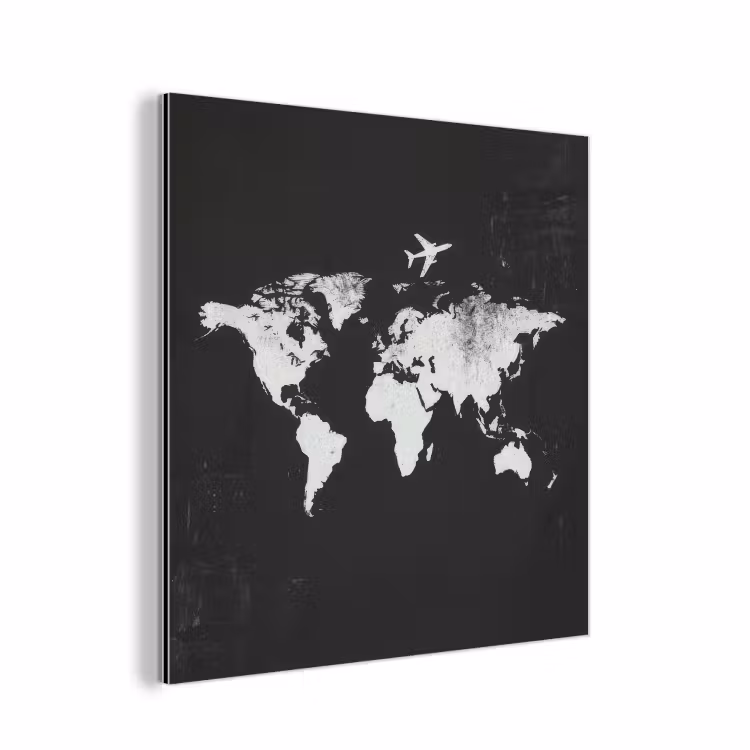 Wereldkaart - Zwart - Vliegtuig - Silhouet aluminium wit klein -3d