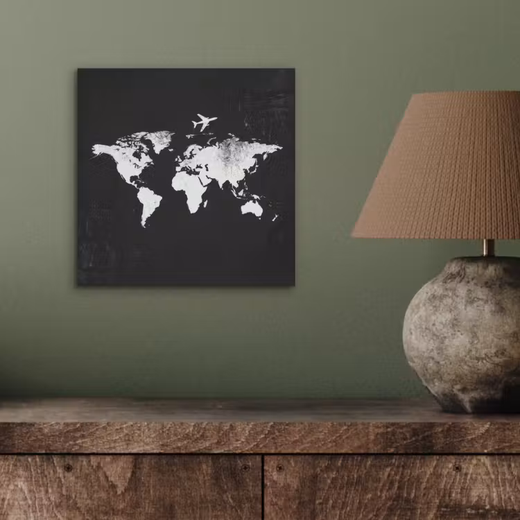 Wereldkaart - Zwart - Vliegtuig - Silhouet aluminium wit klein -sfeer2