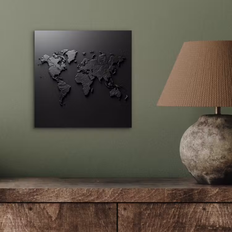 Wereldkaart - Zwart - Grijs aluminium wit klein -sfeer2