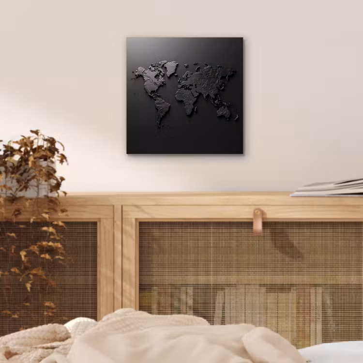 Wereldkaart - Zwart - Grijs aluminium wit klein -sfeer3