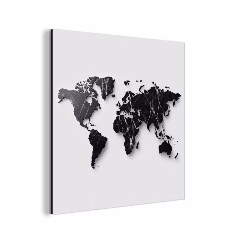 Wereldkaart - Zwart - Marmer - Elegant aluminium wit klein -3d