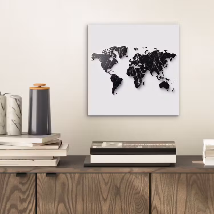 Wereldkaart - Zwart - Marmer - Elegant aluminium wit klein -sfeer1