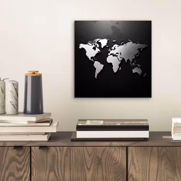 Wereldkaart - Zwart - Zilver - Metaal aluminium wit klein -sfeer1