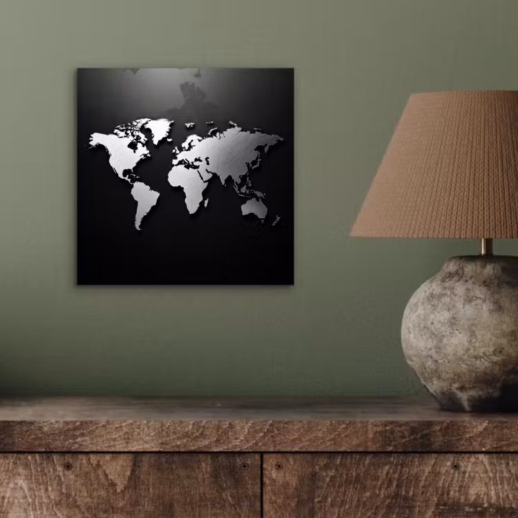 Wereldkaart - Zwart - Zilver - Metaal aluminium wit klein -sfeer2