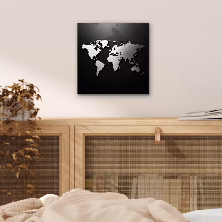 Wereldkaart - Zwart - Zilver - Metaal aluminium wit klein -sfeer3