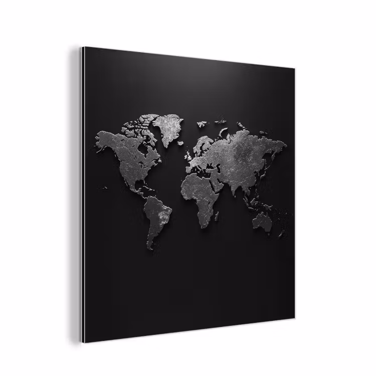 Wereldkaart - Zwart - Structuur aluminium wit klein -3d
